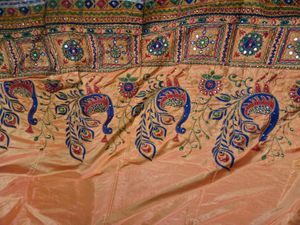 Embroidered yellow red  Peacock Saree