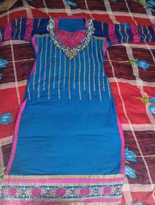beautiful blue and pink kurta with back work and beautiful net sleeves