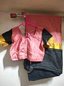 Pink & Black Silk Saree with Blouse