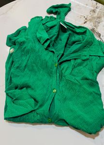 Vibrant Green Crinkle Button-Up Top