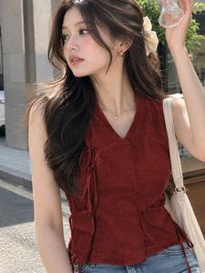 Korean Pintrest Chinese Elegant Red Sleeveless Wra