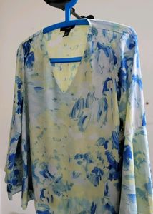 OLIVE GREEN &amp; FEROZE DIGITAL WASH-PRINT BELL SLEEVES TOP