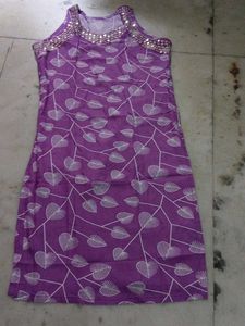 Purple Leaf Print Embellished Gown