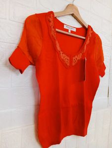 Orange Lace Trim Knit Top