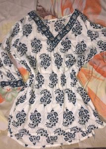 White & Blue Floral Print short Kurta