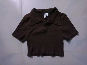 Brown Ribbed Cropped Polo Top