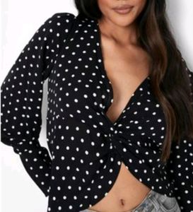 Black Polka Dot Party Crop Top With Front Knot