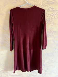 Ribbed Maroon Button-Up Dress