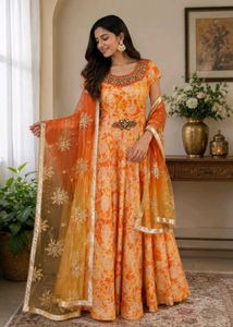 Elegant Orange Floral Print Gown