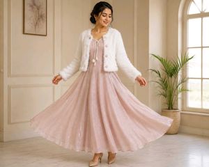Sparkly Pink Maxi Dress with White Shrug