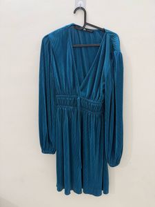 Teal Pleated V-Neck Mini Dress