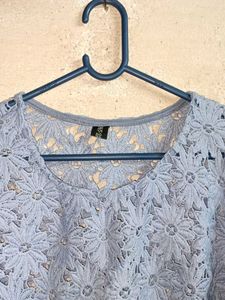 Blue Lace Bell Sleeve Top Sheer Cropped