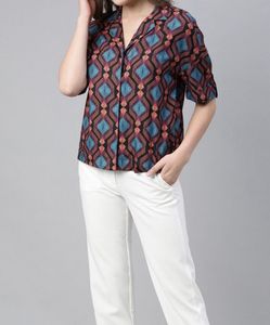 Rareism - Geometric Print Camp Shirt