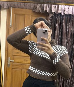 Checkerboard Turtleneck Crop Sweater