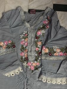 Embroidered Grey Kurta with Pants Set