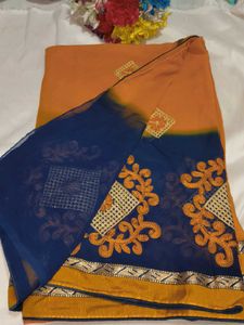 Designer Orange &amp; Navy Saree with blouse