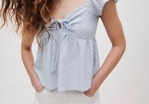 Light Blue Broderie Anglaise Tie-Front Blouse