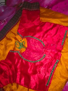 Vibrant Yellow &amp; Red Saree with Embellished Blouse