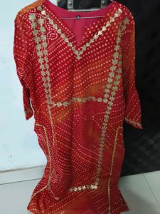 Red Bandhani Print Kurta with Gold Embellishments