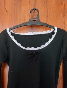 Black Lace Trim Long Sleeve Top