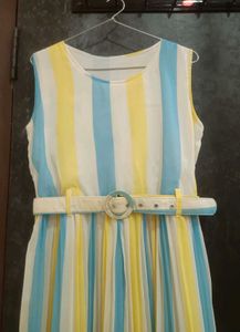 Striped Pleated Midi Dress with Belt