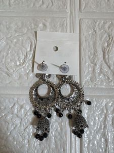 Oxidized Silver Jhumka Earrings with Black Beads