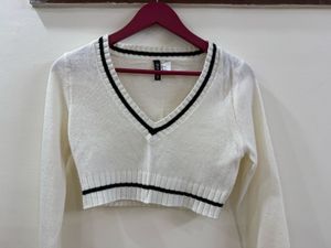White Knit Sweater with Black Trim
