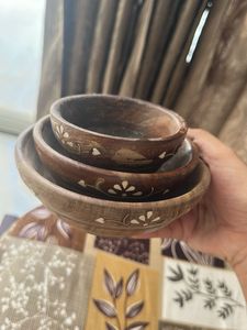 Set of 3- Wooden Bowl with Floral Inlay Spoon