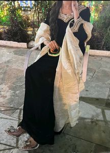 Black Velvet kaftan set with Neck hand work lace