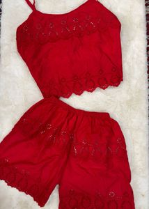 Chic Red Eyelet Crop Top &amp; Shorts Set