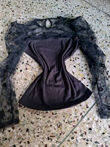Floral Mesh Puff Sleeves Black Top