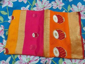 new saree with attached blouse piece Orange Sare