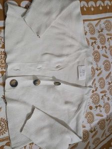 ZARA Cream Ribbed Knit Button-Up Cardigan