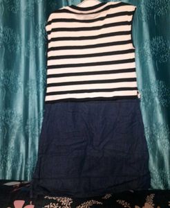 Denim Dress With Black And White Stripes