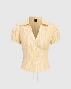 Yellow Striped Button-Up Puff Sleeve Top