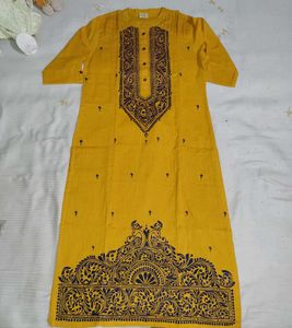 Yellow Cotton Kurta with Block Print(NEW)
