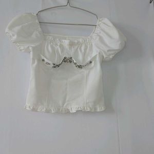 White square neck puff crop top with rhinestones🪞