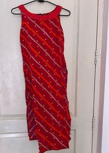 Red Bandhani Print Sleeveless Kurta