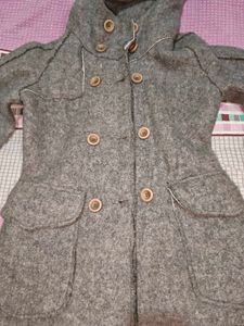 Gray Hooded Wool Blend Coat