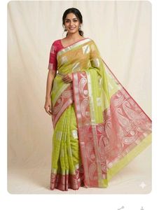 Elegant Lime Green Saree with Pink Blouse