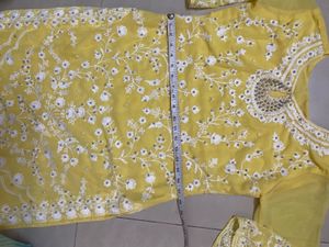 Pearls &amp; Embroided Yellow Kurta Set