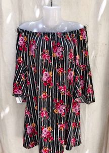 Off-Shoulder Floral Striped Bell Sleeve dress
