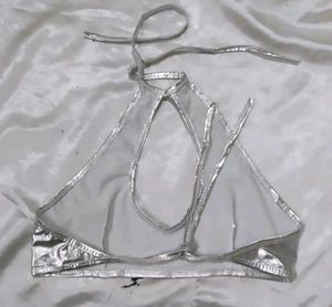 Shiny Silver Halter Neck Top