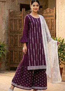 Wine Purple Printed Kurta with Sharara Set