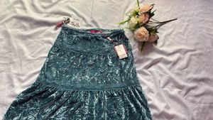 Teal Velvet Tiered Midi Skirt