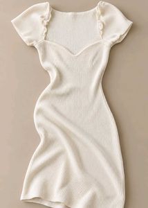 IVORY RIBBED SQUARE NECK MIDI DRESS