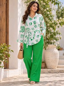 Boho Print Belted Shirt with Green Pants