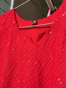 Stunning Red Sequined Kurta Set with Dupatta