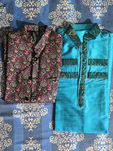 Men Blue Kurta With Silk Jacket