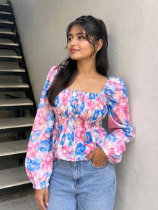 Floral Print Smocked Square Neck Top